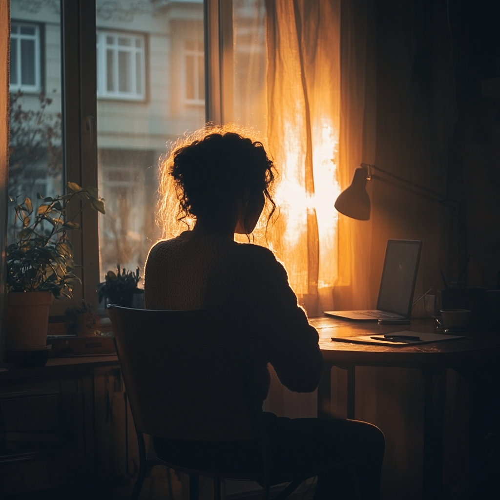 A woman in backlight sits at a desk working on her laptop