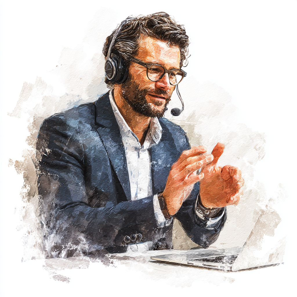 An artistic illustration of a man with a headset conducting an online conference via his laptop