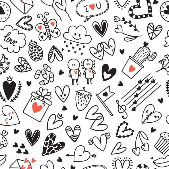 A seamless doodle pattern with various symbols and figures on the theme of love