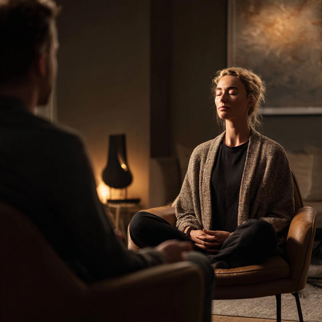 A woman with closed eyes sits cross-legged in a leather chair in a dark room