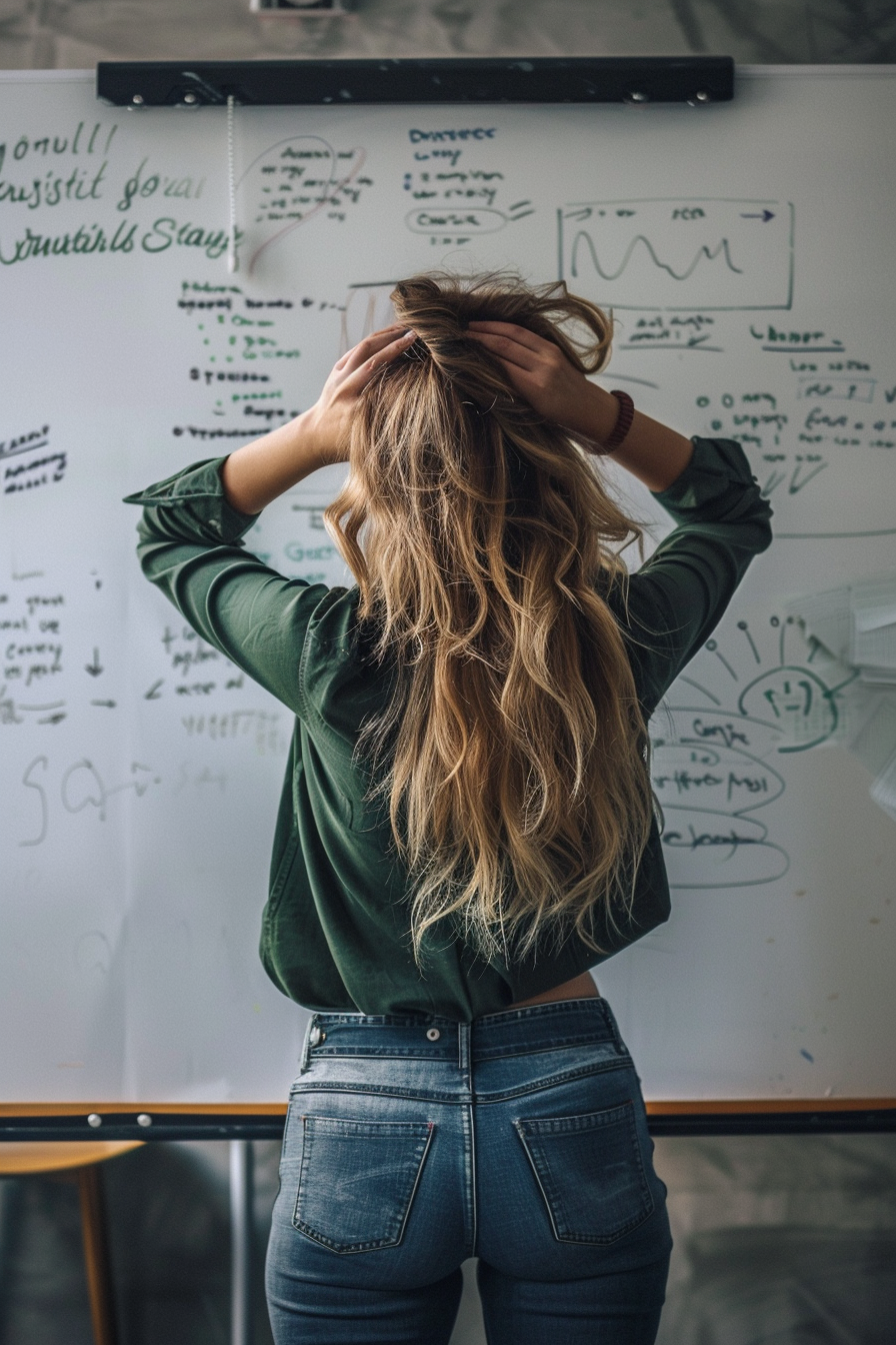 Eine Frau steht mit dem Rücken zur Kamera vor einem Whiteboard voller Notizen und Diagramme.