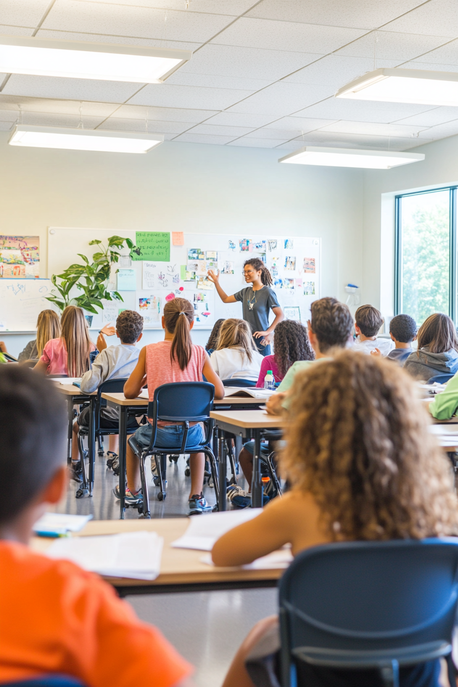 A teacher teaches a diverse group of elementary school children in a bright classroom