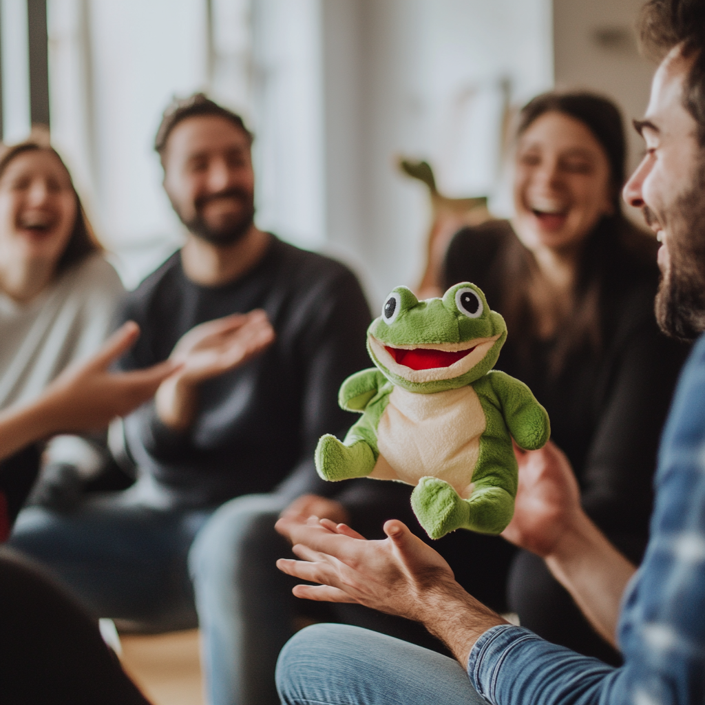 A group of laughing people sits in a circle while one person holds up a hand puppet in the form of a green frog