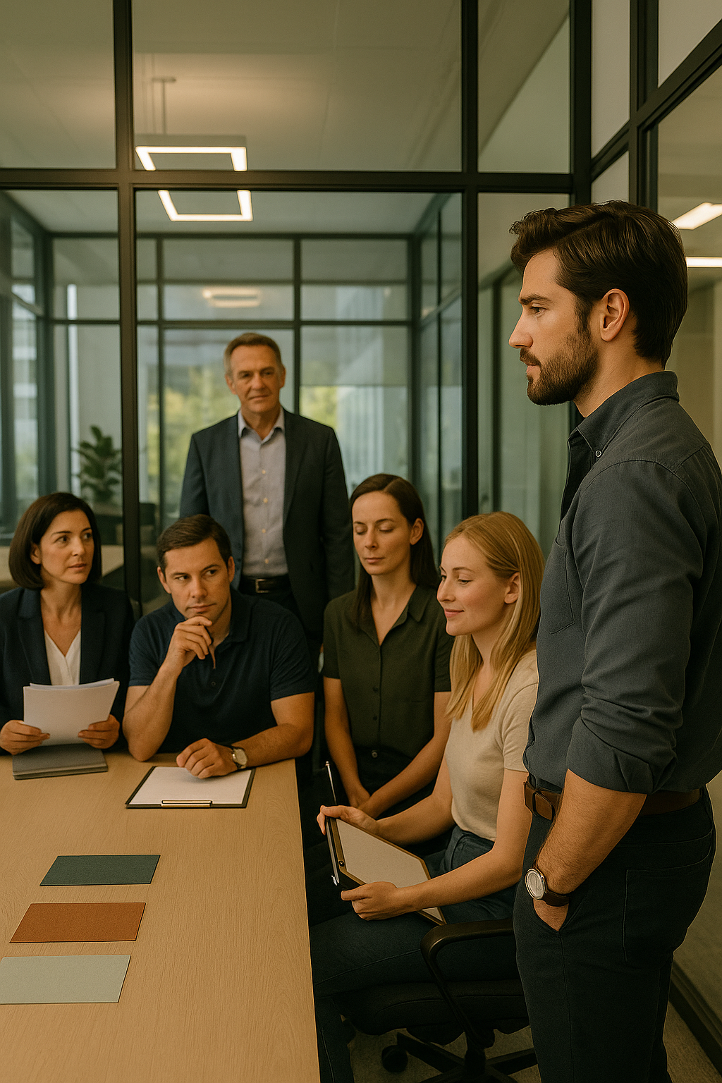 A group of five people, including a bearded man and a woman in a suit
