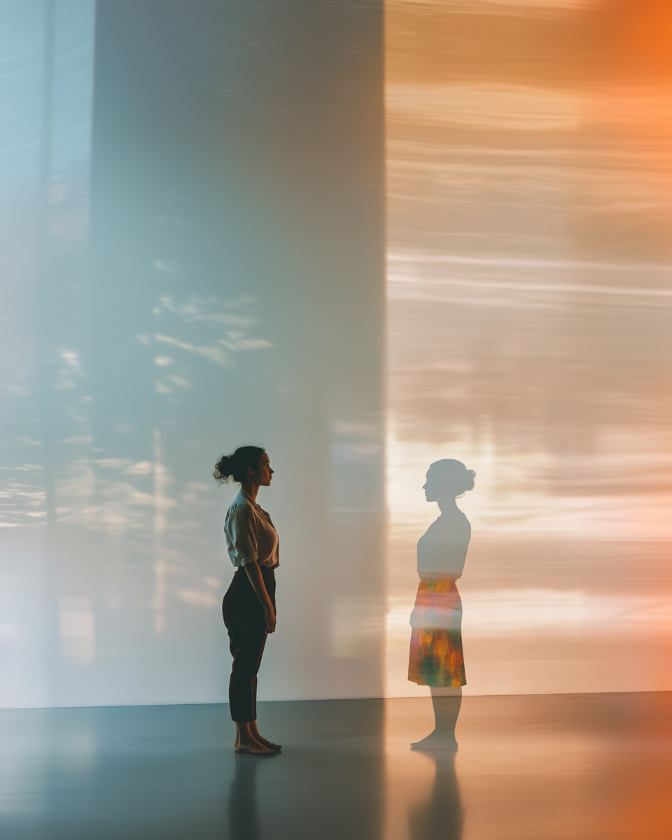 A woman stands in profile in front of a two-part wall. Her silhouette on the orange half is colorful.