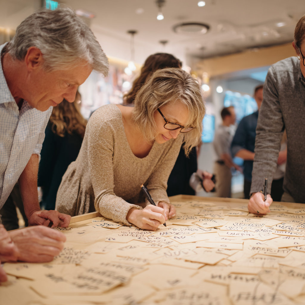 A group of adults in a creative workshop writing on a large table full of sticky notes