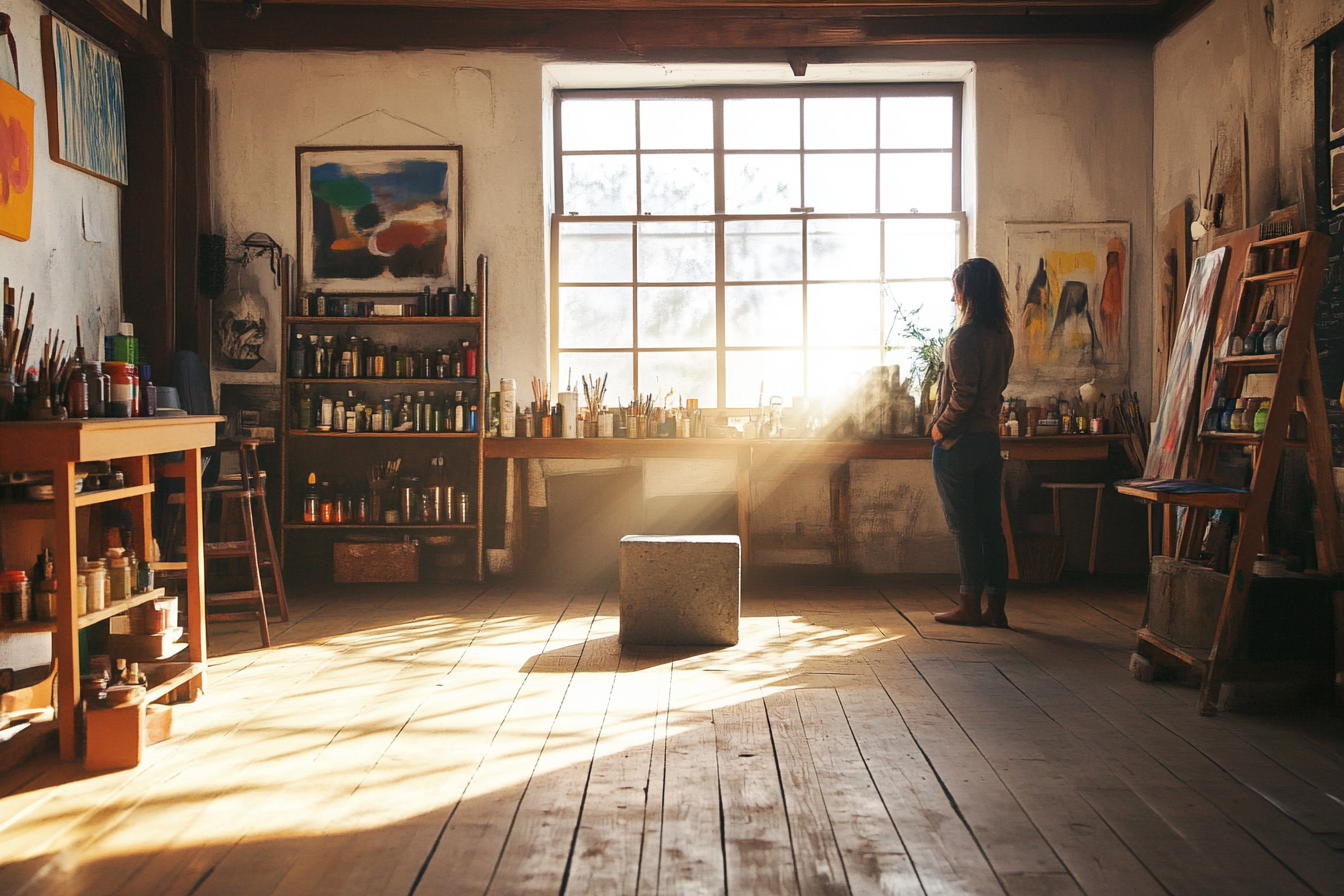 A person stands in a sunlit studio looking at a canvas or out the window, surrounded by paintings