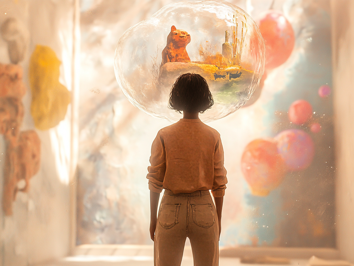 A person, seen from behind, looks at a surrealistic, floating sphere with a mythical creature inside