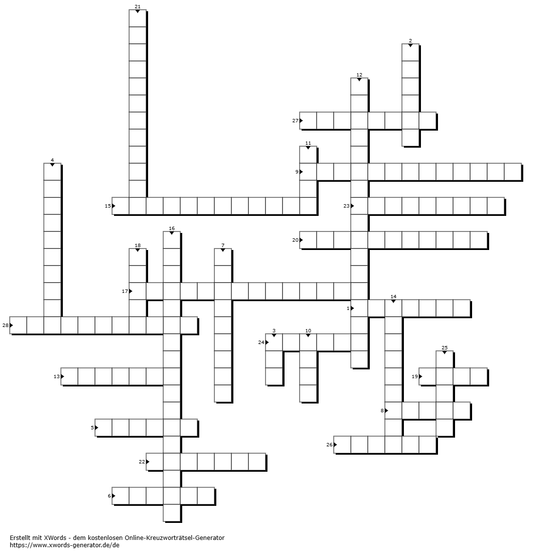 An empty crossword puzzle grid without clues or text.