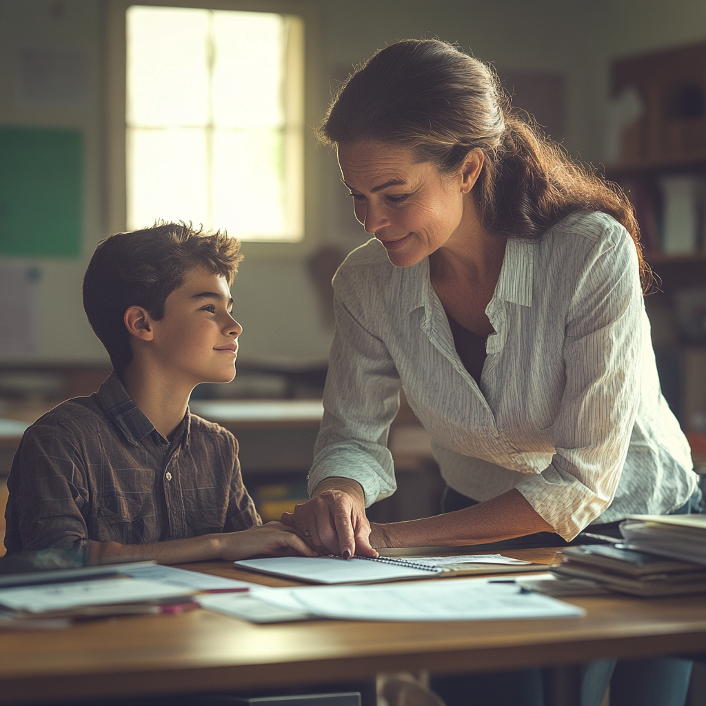A teacher leans over to a student to help him with a task, both are smiling