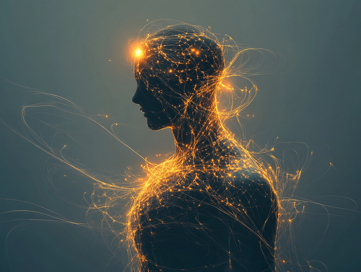 An abstract, glowing human figure in profile. The figure's body is a network of bright energy pathways.