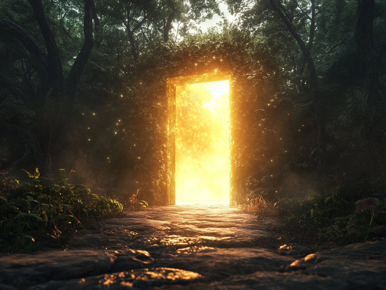 A glowing, golden passage leading from a rocky path into a dark forest