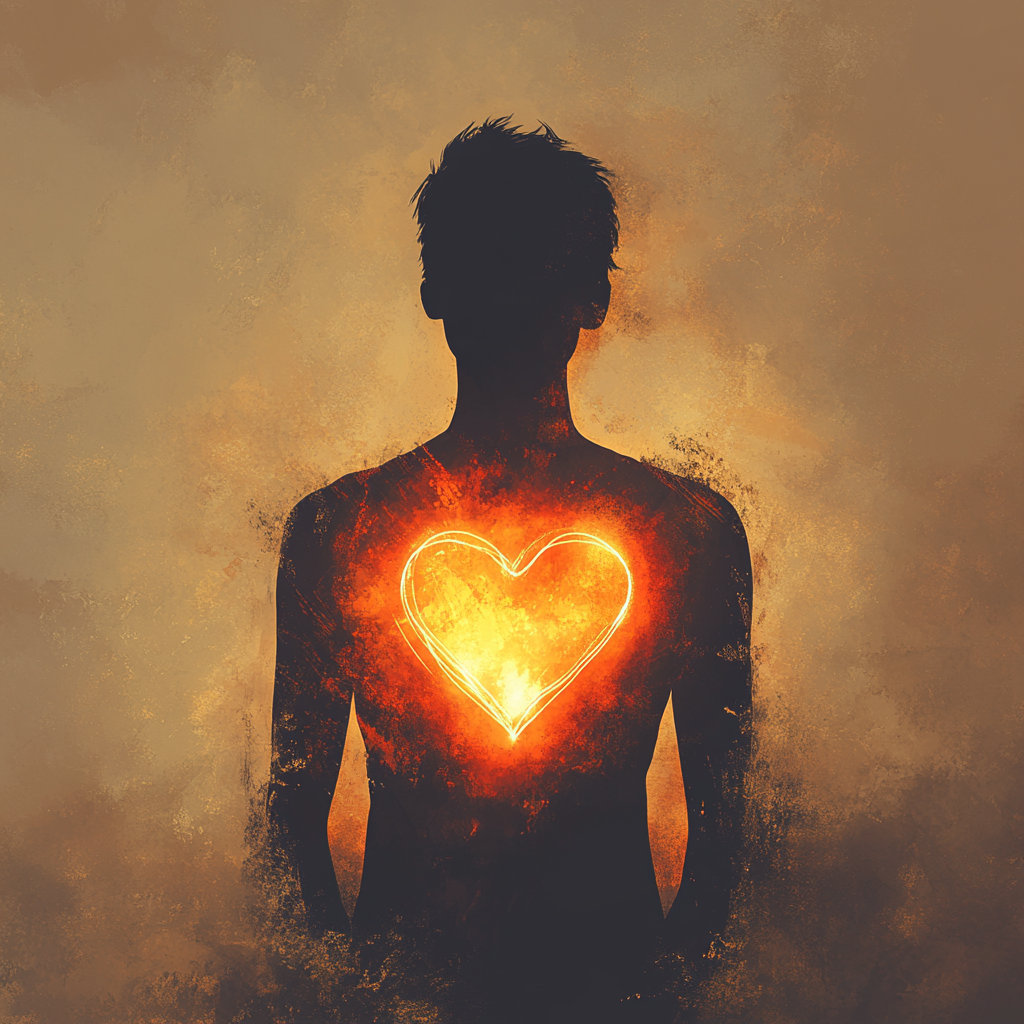 A minimalist, mystical illustration of the silhouette of a person whose chest is illuminated by a brightly glowing