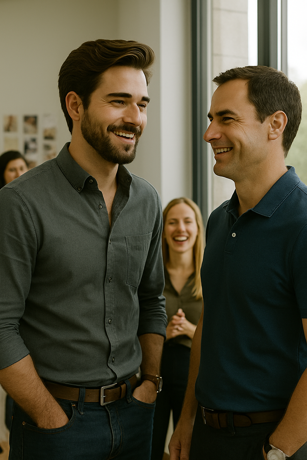 Two men stand smiling in an office looking at each other
