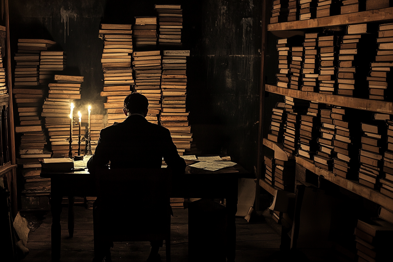 A person, seen from behind, sits at a desk in a dark library