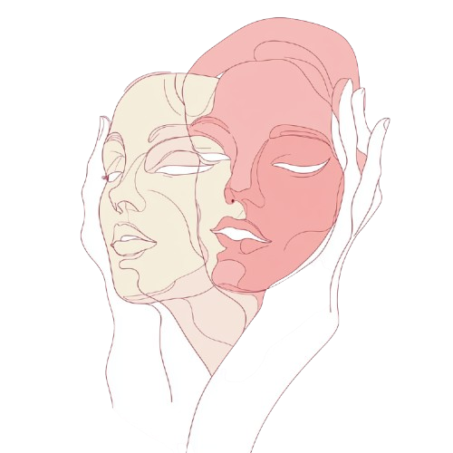 A minimalist line drawing of two hands gently removing a mask from a person's face