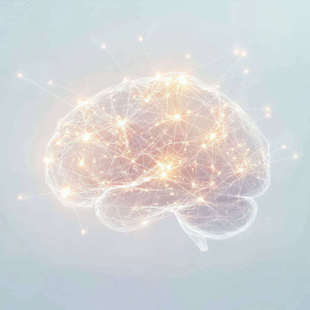 Two faces with glowing neural networks in orange and blue, symbolizing connection and brain activity
