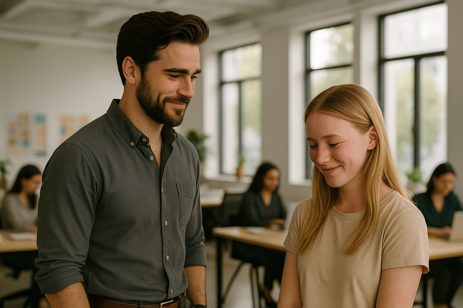 A bearded man in a gray shirt smiles at a young blonde woman
