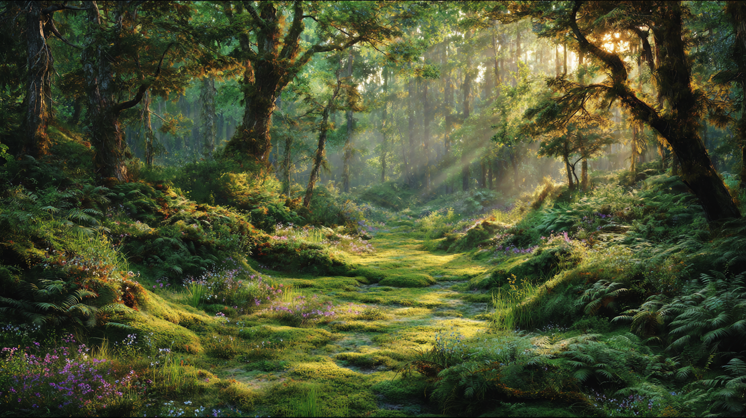 A misty, mystical forest clearing with a path made of emerald green moss