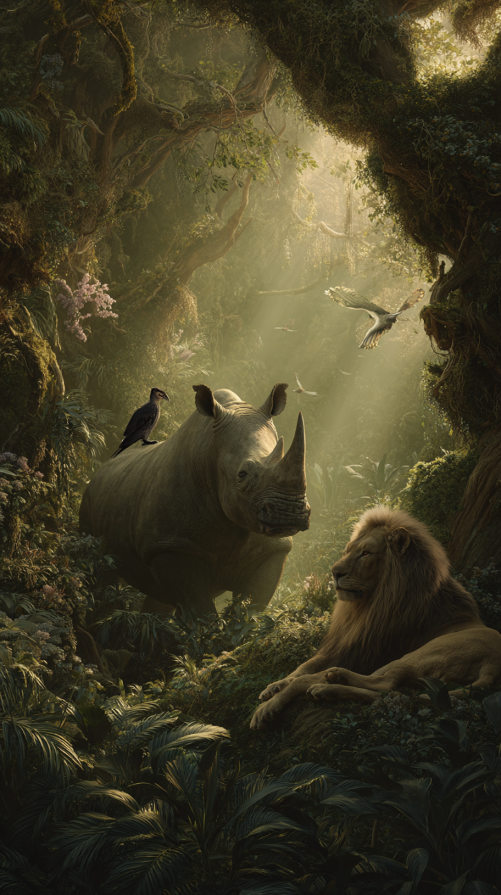 A magical vertical image shows a rhinoceros with a bird on its back and a lying lion in a misty forest clearing