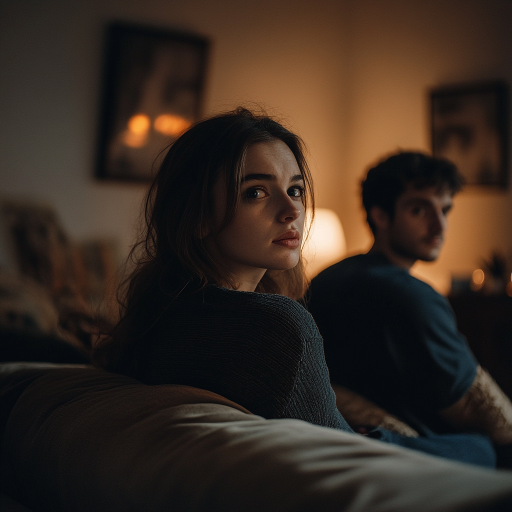 Ein Paar sitzt auf einer Couch, die Frau blickt nachdenklich in die Kamera, während der Mann im Hintergrund wegschaut.