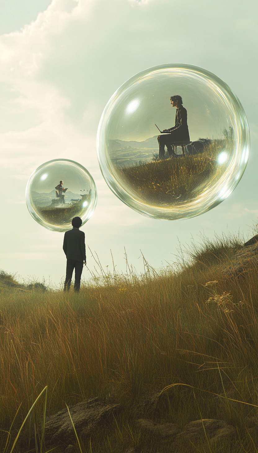 A person stands on a grass field and looks up at two transparent, floating bubbles