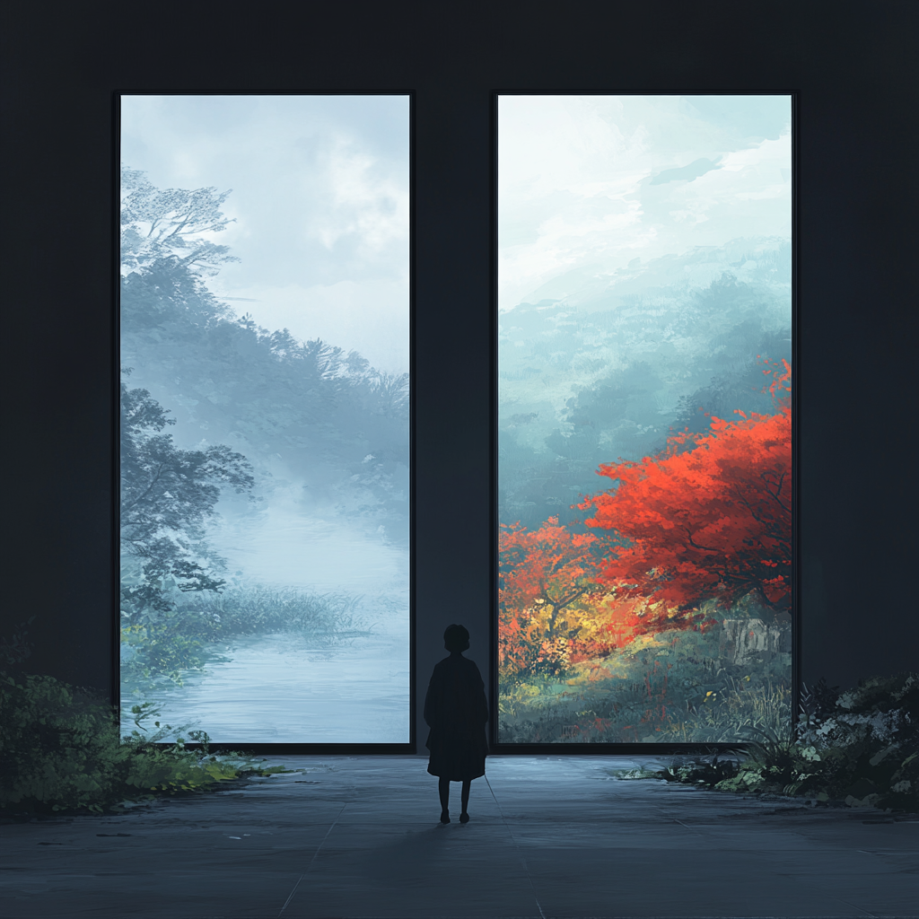 A person stands between two contrasting landscapes