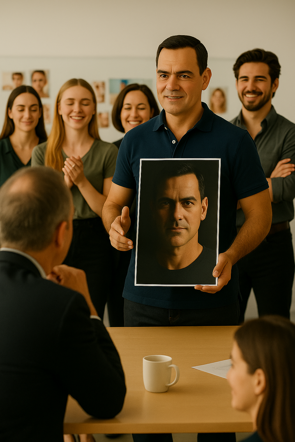 A man in a blue polo shirt holds up a framed photo of himself and smiles