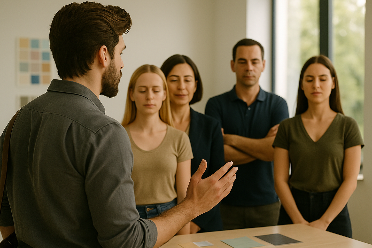 A bearded man, seen from behind, speaks with a group of four people