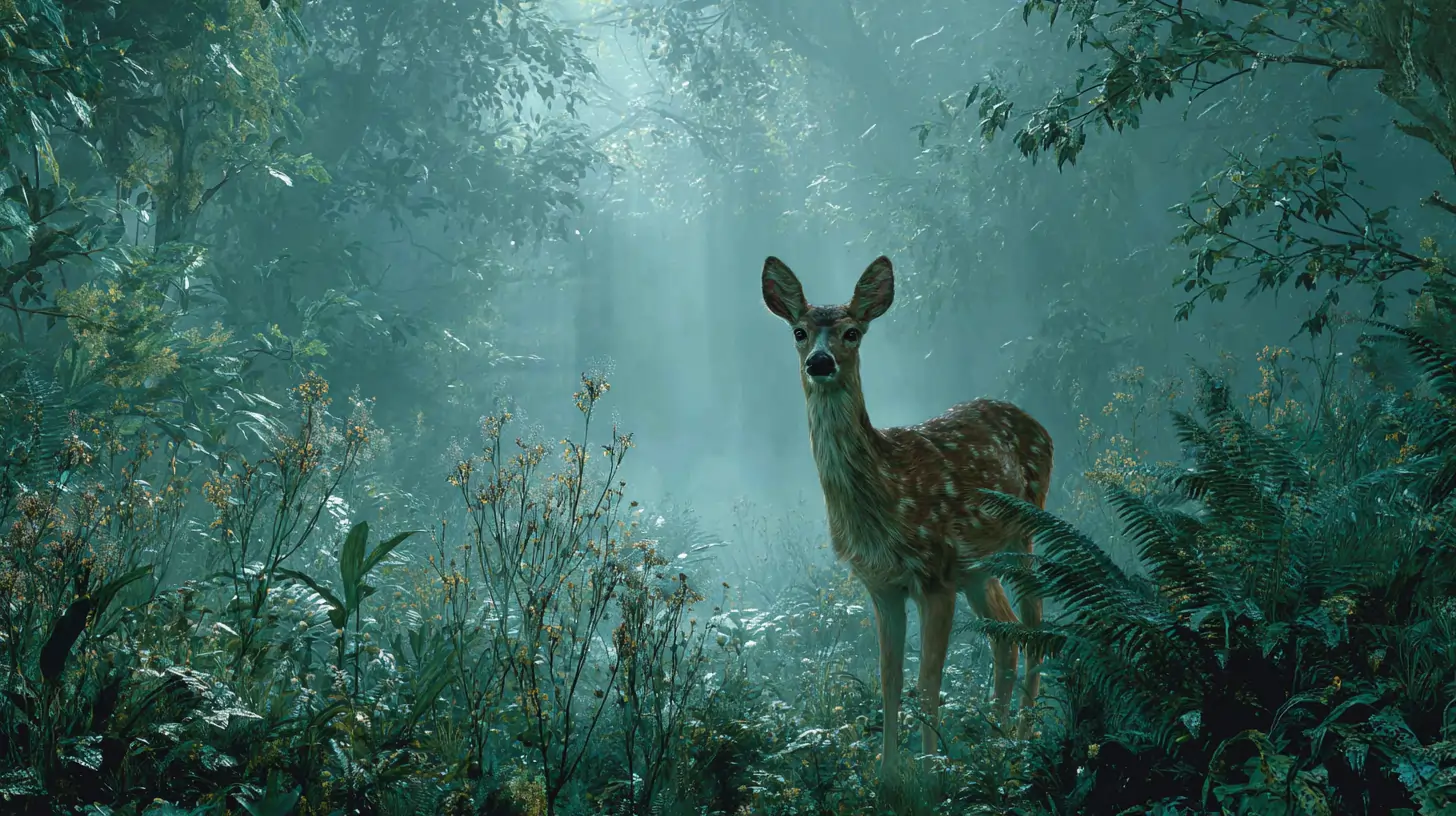 A deer with spotted fur stands calmly in a misty forest