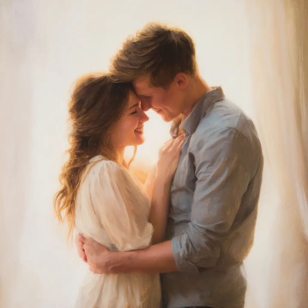 An artistic portrait showing a young couple smiling, embracing and touching foreheads