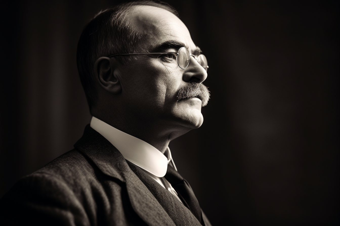 A monochrome portrait of the English writer Rudyard Kipling in profile