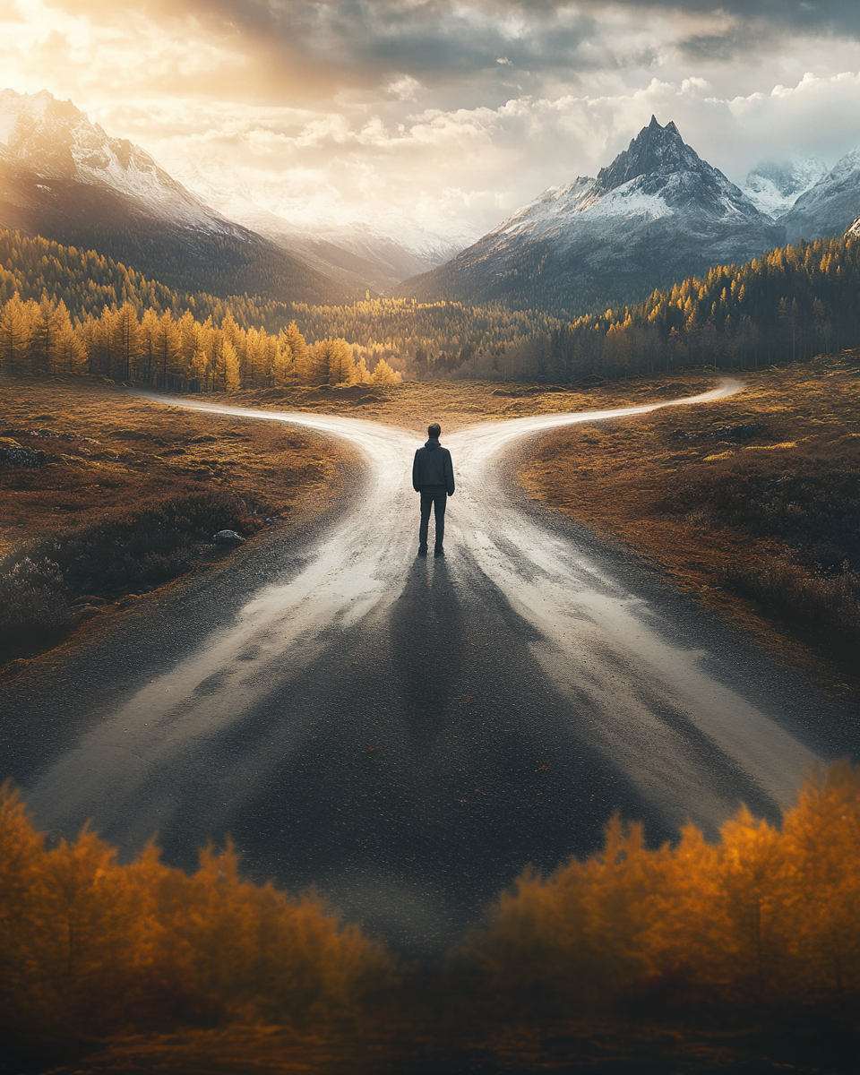 A person stands at a fork in a road in a valley, surrounded by mountains and autumn trees