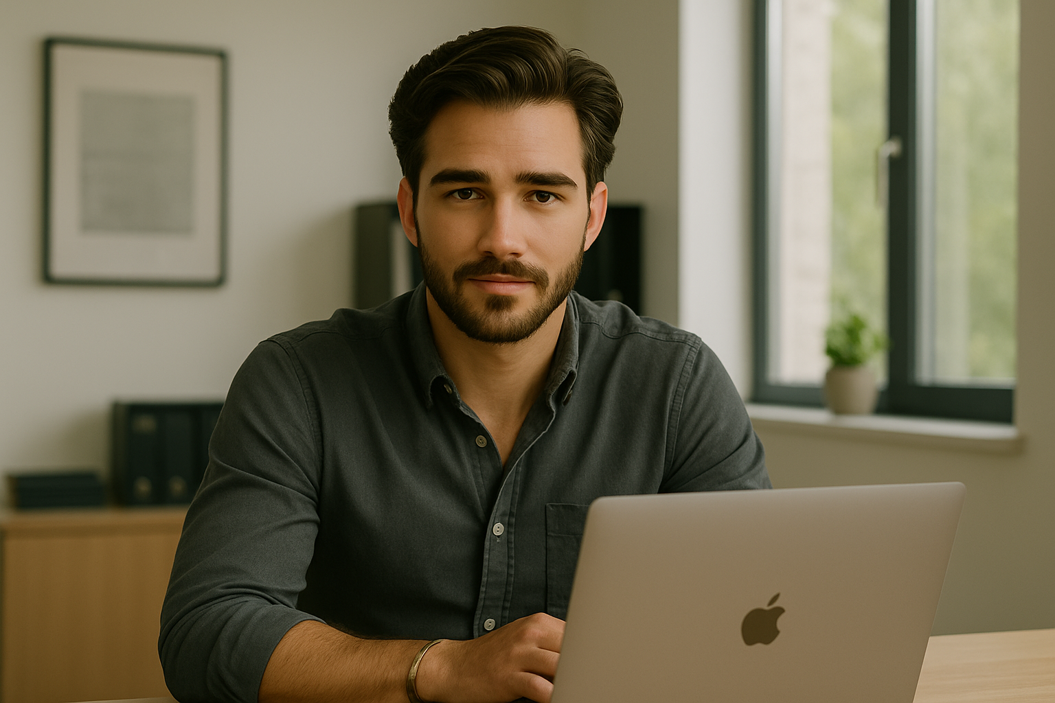 A serious, bearded man with glasses and a headset sits at a desk with a laptop, looking directly at the camera