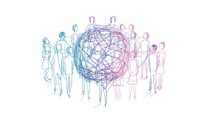 A hand-drawn sketch of people standing around a globe connected by lines
