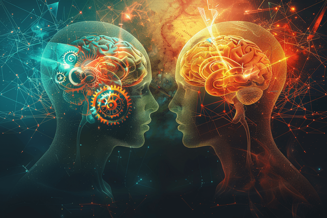A digital representation of two heads with glowing brains connected by energy pathways