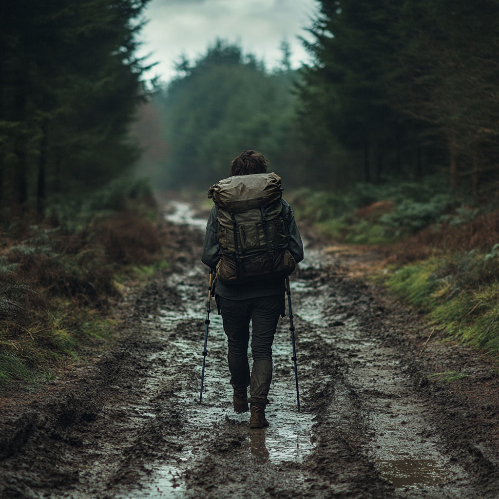 A person with a large backpack walks along a muddy forest path, surrounded by trees