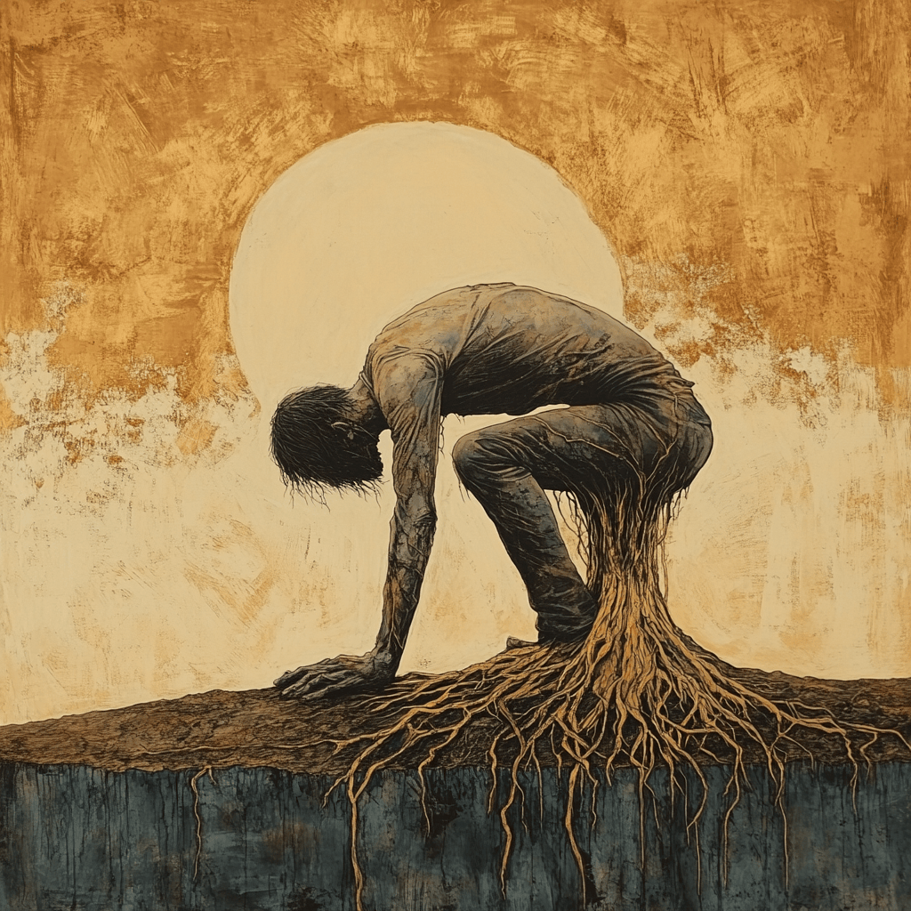 A surreal painting showing a person crawling on a hill